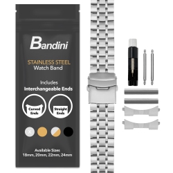 BANDINI 20MM Metal Watch Band for Samsung Galaxy Watch6 5 4, Active, Also Fits Garmin Vivoactive 5, Vivomove 3, 1, Venu Sq - Tone In Silver