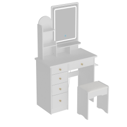 FAMAPY Vanity Desk Set Makeup Table \w Large Lighted Mirror, Dressing Table \w 5 Drawers, Storage Shelves & Cushioned Stool for Bedroom(31.5" W X