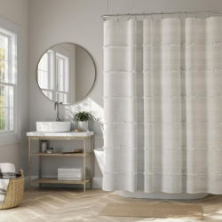 PRIME MADE Prime Graham Tufted Loop Heavy Weight Woven Fabric Shower Curtain, White, Heavy Weight Shower Curtain