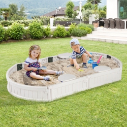 COSTWAY 6F Wooden Sandbox With Built-In Corner Seat, Cover, Bottom Liner for Outdoor Play