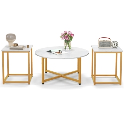 COSTWAY 3 PCs Coffee Table Set Round Coffee Table And 2PCs Square End Tables Metal Frame