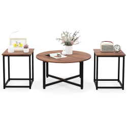 COSTWAY 3 PCs Coffee Table Set Round Coffee Table And 2PCs Square End Tables Metal Frame