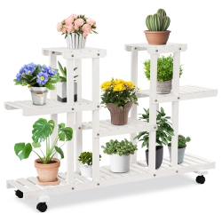 COSTWAY Rolling Flower Rack Wood Plant Stand On Wheels 6 Wood Shelves 12 Pots Bonsai Display Shelf Indoor Outdoor Storage Rack Bookshelf Hollow