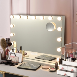 COSTWAY 20.5" X 25.5" Hollywood Mirror \w Lights, Vanity Mirror W/ 18 Dimmable Bulbs, 3 Color Lighting Modes & 4 Adjustable Brightness, Tabletop &