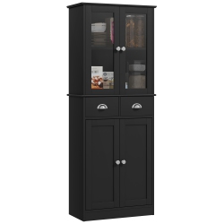 HOMCOM 61" Kitchen Pantry Cabinet, Freestanding Farmhouse Buffet Storage Cabinet With Soft Close Glass Doors And Adjustable Shelves In Black