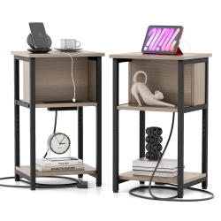COSTWAY 2 PCs Nightstand 3-Tier End Table With Charging Station USB Ports & Power Outlets Grey & In Black