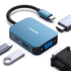BENFEI 4-In-1 USB C Hub, to HDMI, VGA, USB, Power Delivery for Iphone 15, Macbook, Ipad In Blue