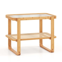 COSTWAY 1 PC Bamboo Side Table With Rattan Shelf Glass Top Nightstand Small Sofa End Table