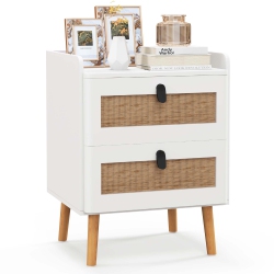 COSTWAY 1 PC Modern Nightstand End Bedside Table With 2 Rattan Drawers & Solid Wood Legs In White