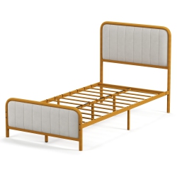 COSTWAY Twin Metal Bed Frame Upholstered Platform Bed With Velvet Headboard In Gold