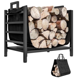OUTSUNNY 19 Inch Firewood Rack Outdoor With Removable Log Carrier, Heavy Duty Wood Storage Holder With Handles, Indoor Outdoor Log Rack for Fireplace