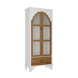 FAMAPY Vintage-Inspired Bookcase With Carved Details, Glass Doors, And Wooden Drawer (70.9" H X 31.5" W X 15.7" D) And Natural Wood In White