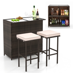 GYMAX 3 Pieces Patio Bar Set Pe Wicker Outdoor Bar Table & Stools Set W/ Removable Cushions