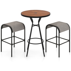 GYMAX 3 PCs Patio Bistro Set Round Table W/ 1.6" Umbrella Hole & 2 Stools Metal Frame