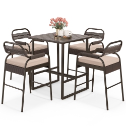 GYMAX 5-Piece Patio Rattan Counter Set Counter Height Square Table W/ 4 Wicker Counter Stools