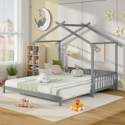 GYMAX Wooden House Bed Twin to King Daybed W/ Safety Rails & Decorable Roof
