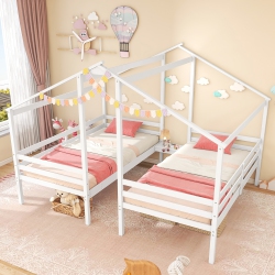 GYMAX Double Twin Size Bed Frames for Kids With Built-In Table & USB Port Guardrails