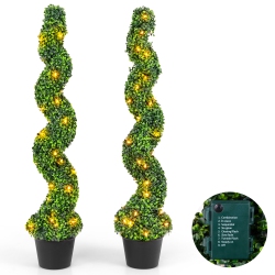 GYMAX 47" Pre-Lit Artificial Boxwood Spiral Topiary Tree Set Of 2 W/ 100 Led Lights