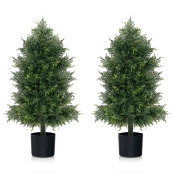 GYMAX 2PCs 31.5" Artificial Cedar Topiary Tree Faux Indoor Floor Plant W/ Sturdy Trunk