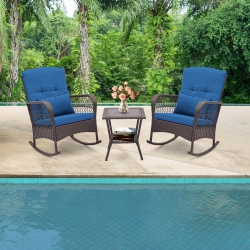 GYMAX 3 Pieces Rocking Bistro Set Pe Rattan Rocking Chairs W/ 2-Tier Coffee Table In Navy