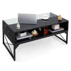 GYMAX High-Gloss Led Coffee Table W/ Faux Marble & Tempered Glass Top 4 Storage Cubes