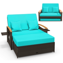 COSTWAY Patio Rattan Daybed Set With Cushioned Loveseat & Storage Ottoman for Porch