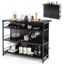 GYMAX Industrial Kitchen Island Bar Table 4-Tier Storage Shelf Wine Rack Glass Holders
