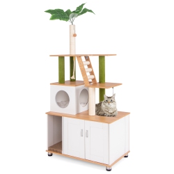 GYMAX All-In-One Cat Tree W/ Litter Box Enclosure Cat Tower Scratching Posts Ladder