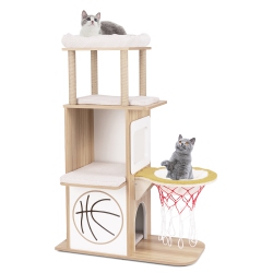 GYMAX 47" Wooden Cat Tree W/ 2-Story Cat Condo 2 Perches Basketball Hoop Hammock