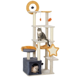 PAWHUT Cat Tower, 63 Inch Cat Tree for Large Cats Adult \w Cat Scratching Posts, Cat Condo, Bed, Scratching Board, Cat Toys, Star And Moon Themed