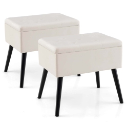 COSTWAY 2 PCs Velvet Vanity Stools With Storage Solid Wood Legs Flip-Up Top for Entryway