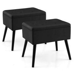 COSTWAY 2 PCs Velvet Vanity Stools With Storage Solid Wood Legs Flip-Up Top for Entryway