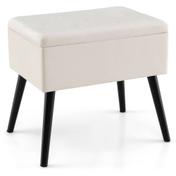 COSTWAY Velvet Vanity Stool Ottoman With Storage Solid Wood Legs Flip-Up Top for Entryway