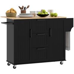 HOMCOM Kitchen Island With Drop Leaf, Rolling Kitchen Cart On Wheels With 3 Drawers, 2 Cabinets, Natural Wood Top, Spice Rack And Towel Rack In Black