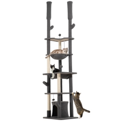 PAWHUT Floor to Ceiling Cat Tree, 89"-100" Adjustable Height Cat Tower for Large Cats \w Scratching Posts, Grooming Brush Post, Cat Condo, Perches