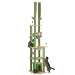 PAWHUT Floor to Ceiling Cat Tree, 89"-100" Adjustable Height Cat Tower for Large Cats \w Scratching Posts, Grooming Brush Post, Cat Condo, Perches