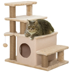 PAWHUT Adjustable Height Cat Stairs \w Jute Scratching Posts, Cat House for Cozy Rest, Pet Steps for Couch Sofa And High Bed \w Hanging Ball, Front