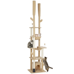PAWHUT Floor to Ceiling Cat Tree, 89"-100" Adjustable Height Cat Tower for Large Cats \w Scratching Posts, Grooming Brush Post, Cat Condo, Perches