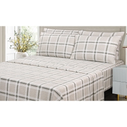 COTTON HOUSE - Flannel Sheet Set, 100% Cotton, Twin Size Plaid Design In Grey