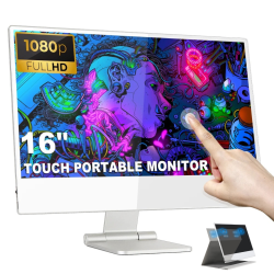 TUTT 16” Portable Touchscreen Monitor Fhd Ips | Stand & Case | Built-In Speaker | Aluminum Frame
