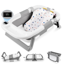LIVINGBASICS Folding Baby Bath Tub With Soft Support Cushion And Temperature Sensor, Anti-Slip Portable Travel Shower Basin