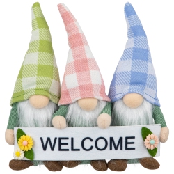 NORTHLIGHT Gnome Trio With Welcome Banner Spring Table Decoration - 7" - Pastel Pink And In Green