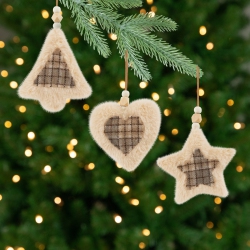 NORTHLIGHT Plush Tree Star And Heart Shaped Plaid Christmas Ornaments - 4.5" - - Set Of 3 In Tan