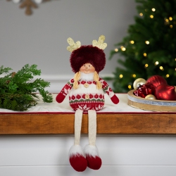 NORTHLIGHT Sitting Plush Girl With Dangling Legs Christmas Figure - 16" - Cream And In Red
