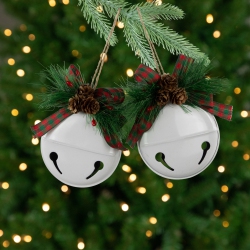NORTHLIGHT Jingle Bells With Pinecone Bows Disc Christmas Ornaments - 5" - - Set Of 2 In White
