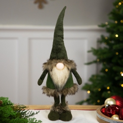 NORTHLIGHT Standing Plush Gnome With Faux Fur Christmas Figure - 19" - In Green