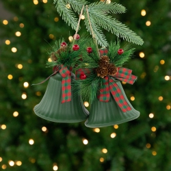 NORTHLIGHT Christmas Bells With Pinecones And Plaid Bow Ornaments - 7" - - Set Of 2 In Green