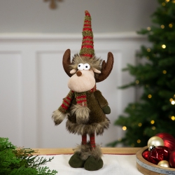NORTHLIGHT Standing Plush Moose With Striped Legs Christmas Figure - 18" - Green And In Red