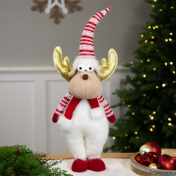 NORTHLIGHT Standing Plush Moose Christmas Figure With Glitter Antlers - 25" - White And In Red