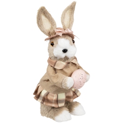 NORTHLIGHT Girl Easter Rabbit Figurine With Plaid Dress - 12" - In Beige